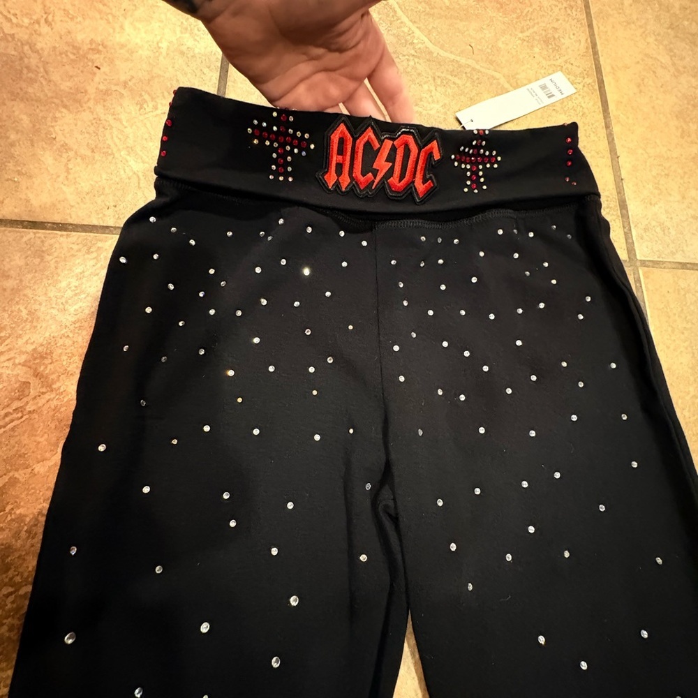 Black Flared Pants Ac/Dc Leggings with Rhinestone Detailing - Picture 2 of 8